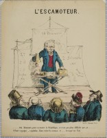 18. • 1. L'Éscamoteur. .....Oui Messieurs, pour escamoter la République, ce b'est pas plus difficile que ca ..... il faut voyager, capituler, faiure voter les ruraux et ... le tour est fait. Litographie Barousse. (Signée J. B. 28 février.)