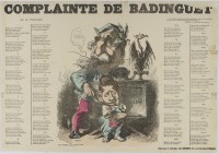 169. • Complainte de Badinquet. Chanson. Imprimerie Valée. Dépôt pour le colportage, chez Martinot.(Sans signature. Attribuée à Gill.)